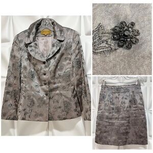 Bergamo by EBI Sz 8 Metallic Embroidered Silver Organza Formal Jacket Skirt Suit